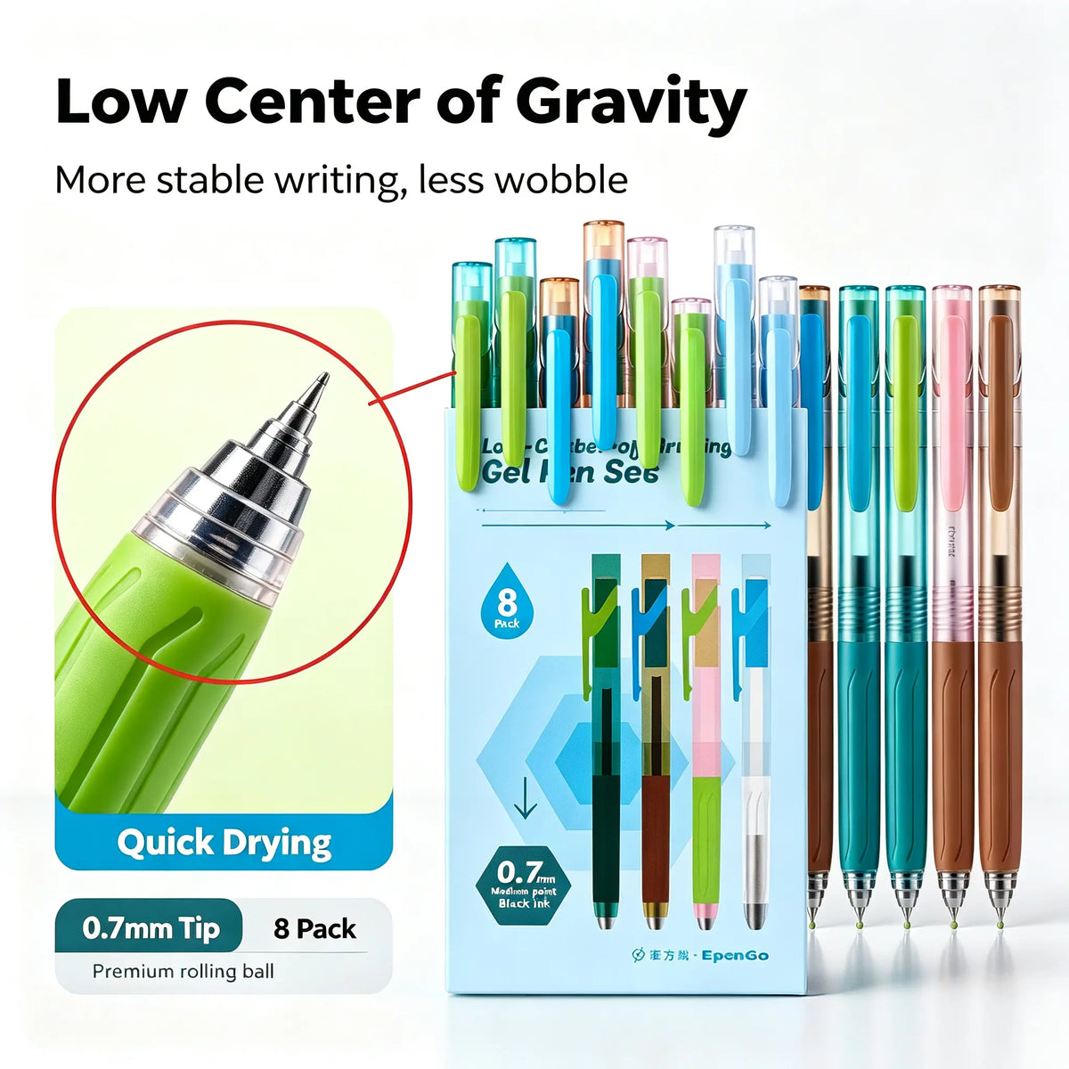 EpenGo Low-Center Gravity Gel Pens, 8-Pack, 0.7mm Medium-Fine Tip, Quick-Dry Ink, Smooth Writing, College Student Pen, Office Stationery for Journaling & Notes