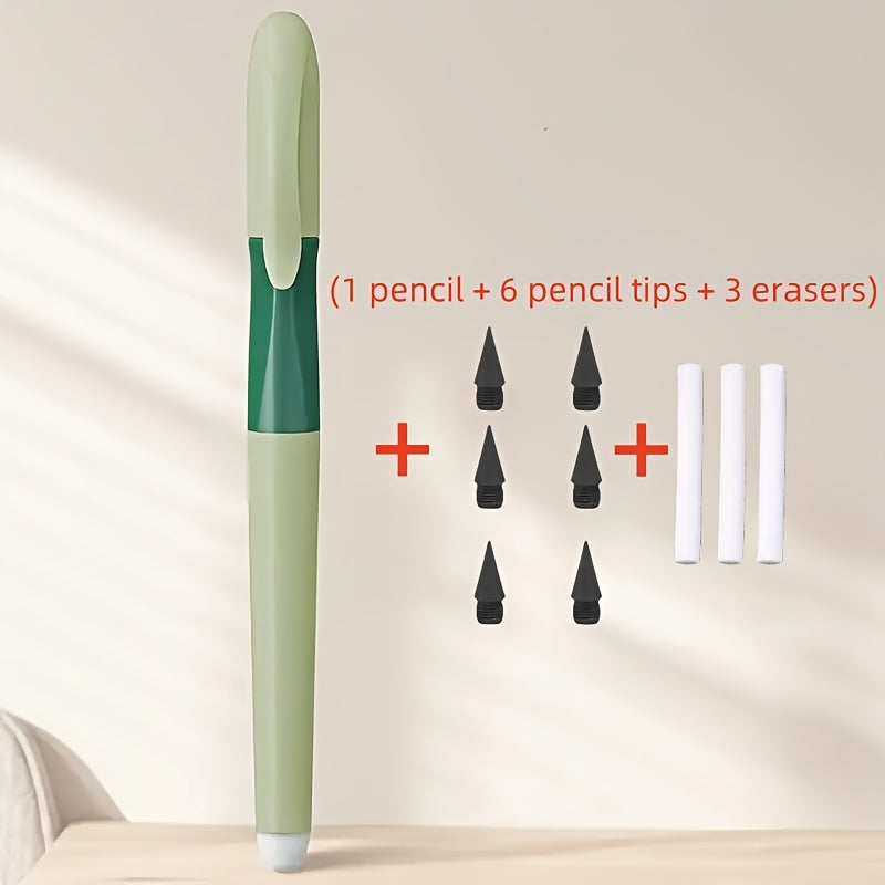 10pcs/Set (1pc Pencil And 6pcs Lead And 3pcs Erasers), Durable Non-Sharpening Pencil, Built-In Eraser - Visually Appealing, Ideal for Drawing And Writing, Back-To-School Supplies