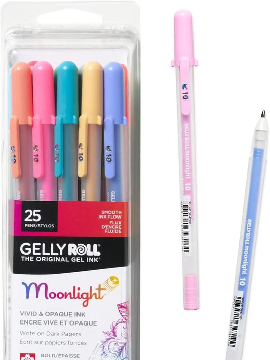 Sakura Gelly Roll Moonlight 25-Pack Bold Size 10 Colored Gel Pens - Smooth Flow Art Materials, Pens for Journaling, Office Stationery with Shades of Gray, Vivid Colors for Artists' Creative Projects