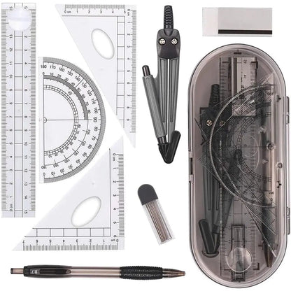 Math Geometry Kit Set 8 count Student Supplies with Shatterproof Storage Box,Includes Rulers,Protractor,Compass,Pencil Lead Refills,Pencil,Eraser.for Students and Engineering Drawings