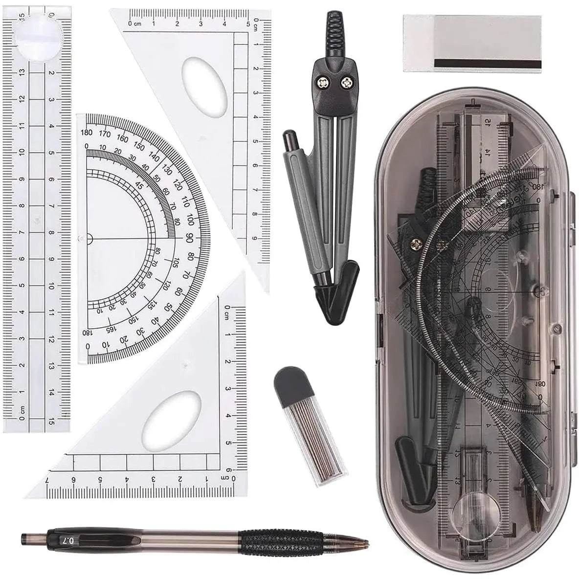 Math Geometry Kit Set 8 count Student Supplies with Shatterproof Storage Box,Includes Rulers,Protractor,Compass,Pencil Lead Refills,Pencil,Eraser.for Students and Engineering Drawings