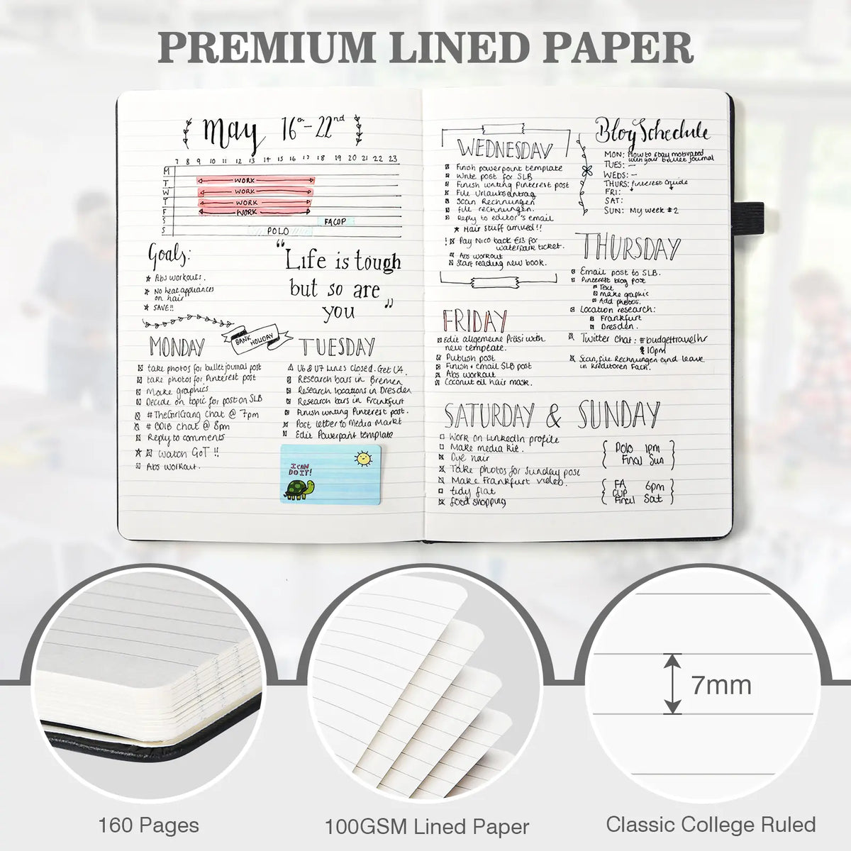 OMEYA 3-Pack A5 College Ruled Hardcover PU Leather Journal Notebook, Minimalist Design with Elastic Band, Pen Loop, Inner Pockets, 100GSM Thick No-Bleed Paper for Office School Use