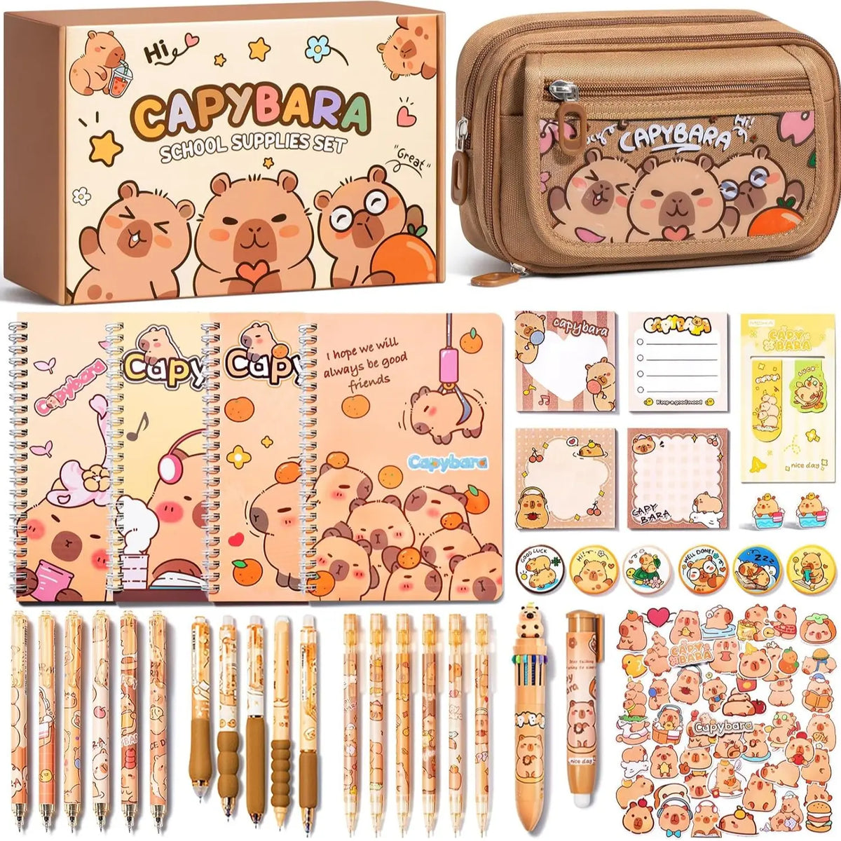 36PCS Lightweight Adorable Capybara Stationery Set - Kawaii College School Supplies, Back to School Stuff with Pencil Case, Gel Pens, Mechanical Pencils, Stickers, Pins, Notebooks, Sticky Notes - Office Accessories, Teen Girl Gifts,back to school shopping