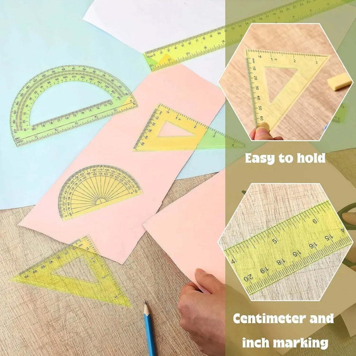Transparent Yellow Plastic Geometry Math Set for Office Supplies, Artists & Designers – Drawing Compass, 12in/6in Rulers, 6in/4in Protractors, 45°/60° Triangle Rulers, Hollow Design for Enhanced Visibility, 1 Set