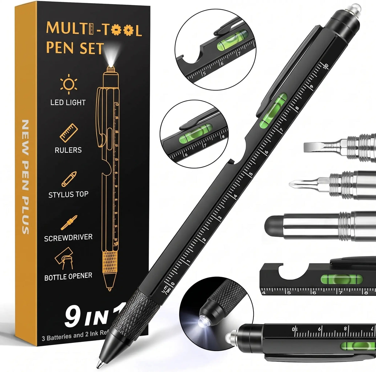 Aluminum 9-in-1 Compact Pen Tools Kit - LED Light, Bottle Opener, Ruler, Stylus Included - for Office, DIY Home Repair - Ideal Birthday Gift for Men - 2 Pack Value Set,sohochic