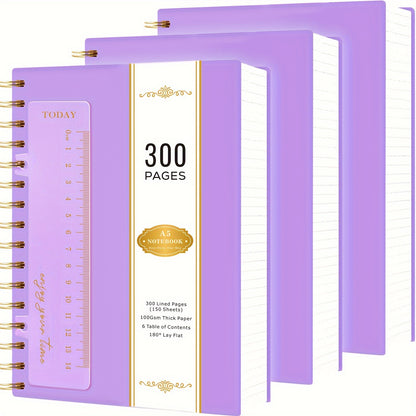 3 Pack Spiral Notebook Journal, A5 Hardcover Notebook with 300 Pages Paper, College Ruled Notebook with Ruler, PVC Cover Notepad for Women, 100GSM Thick Paper, 5.7" X 8.4", School Supplies