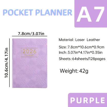 A7 Specification 2026 English Planner, Slim Weekly Planner, Starlight Color Mini Pocket Notebook, Daily Planner with Colorful Laser Cover, A7 Size: 3.07in X 4.17in