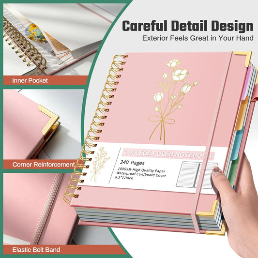 Hardcover Spiral Note Taking 5 Subject Notebook College Ruled with Dividers 240 Pages 100GSM Aesthetic Spiral Notebook for Work School Cute Journals for Women Writing