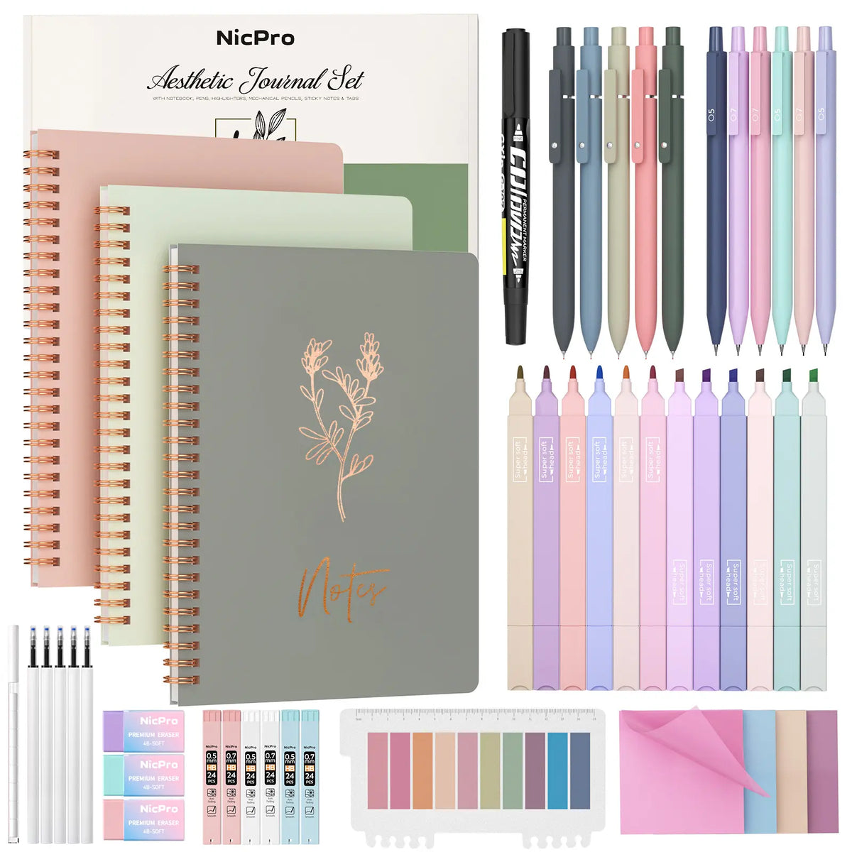 Nicpro 50PCS Cute A5 Spiral Bound Notepad Writing Stationery Set - 3PCS A5 Spiral Notebooks, Gel Pens, Mechanical Pencils, Sticky Notes, Sticky Tabs, Gift Box for Teen Girls, Back to School Note Taking Organizer, School Supplies Haul