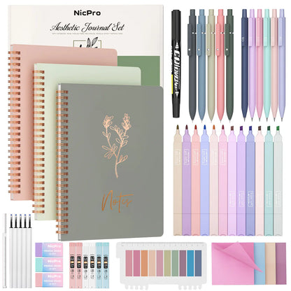 Nicpro 50PCS Cute A5 Spiral Bound Notepad Writing Stationery Set - 3PCS A5 Spiral Notebooks, Gel Pens, Mechanical Pencils, Sticky Notes, Sticky Tabs, Gift Box for Teen Girls, Back to School Note Taking Organizer, School Supplies Haul