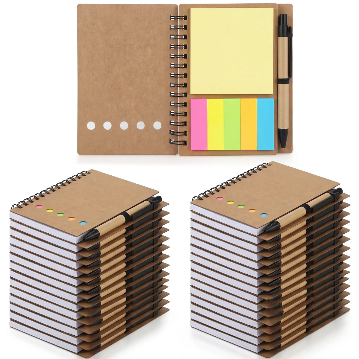 30-Pack Kraft Paper Mini Spiral Notebooks (the notebook), 60-Page 13x10 cm Pocket Notepads with Sticky Notes, Sticky Tabs, 5-Color Tabs & Free Pen, School Supplies Haul for Cute School Supplies,sohochic