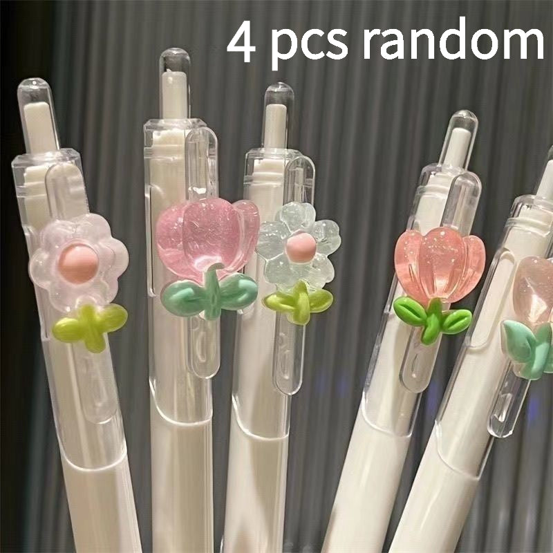 Floral Pattern Click Gel Pens, Quick-Drying Black Ink 0.5mm Fine Tip, Smooth Writing, Suitable for Journaling and Drawing, 4 pcs, Random Patterns, Back-to-School Essential
