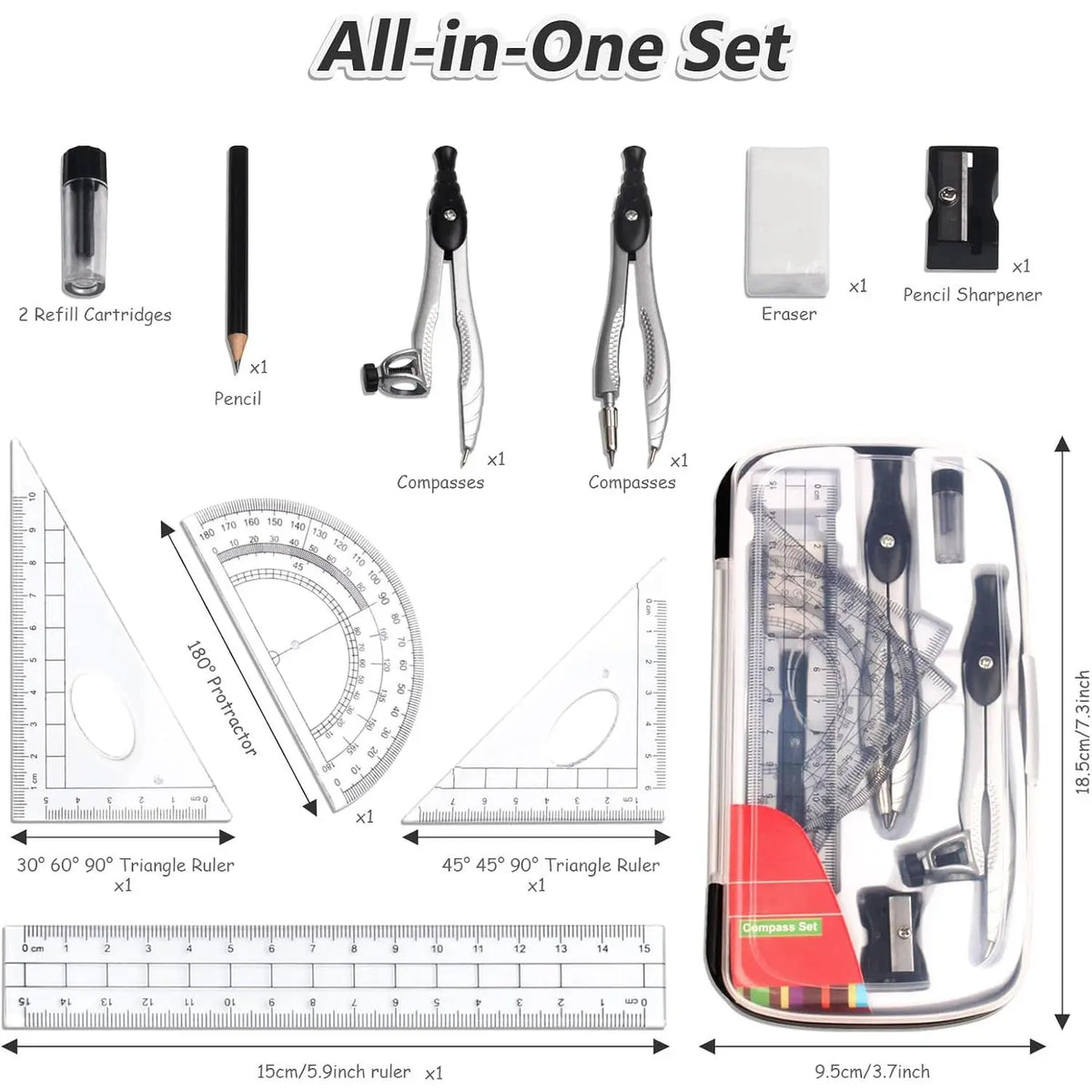 Geometry Set, 10 count Math Protractor Compasses Kit with Ruler, Triangles, Eraser, Sharpener, Lead Refills, Pencil, Storage Box, Drafting Drawing Tools for Architects Engineers Artists
