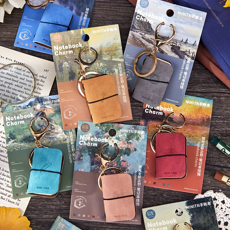 Travel MINI PU Leather Keychain Notebook - Monet-Inspired Impressionist Art Journal, Undated Pages, Compact Portable Planner for Daily Use & Gift (Blue, Grey, Red, Pink, Brown)