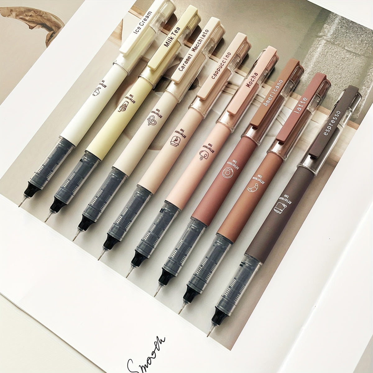 6pcs/8pcs Coffee Theme Liquid Quick-Drying Ink Gel Pens, No Smear Soft Touch Pens for Note Taking Drawing School& Office Supplies