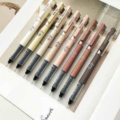 6pcs/8pcs Coffee Theme Liquid Quick-Drying Ink Gel Pens, No Smear Soft Touch Pens for Note Taking Drawing School& Office Supplies