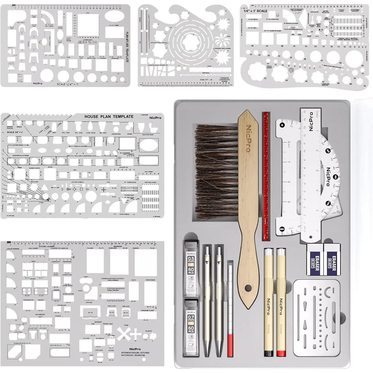 21PCS Professional Drafting Tools & Geometry Set with Case, Architect Compass & Protractor Set, Metal Pencils, Pens, Scale Ruler Metal Ruler, 5 Drawing Templates for Interior House Plan,