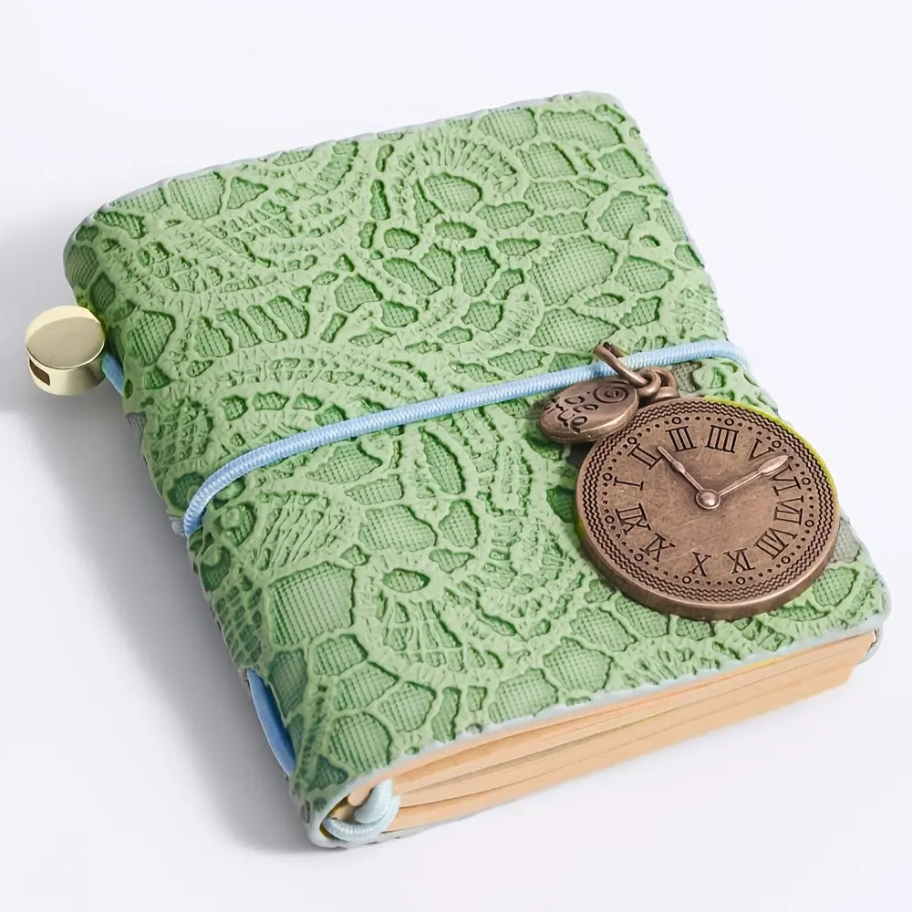 Retro Embossed Leather Journal – Mini Notebook with Metal Clock Charm and Strap Closure