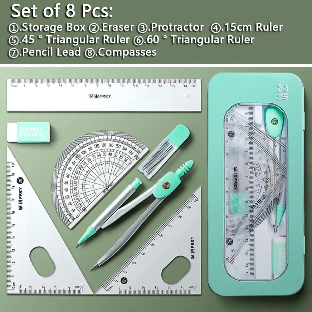 7pcs Compass Ruler Set, Measuring Instrument for Elementary and Middle School Students, Exam Essential Tools, Includes Protractor Straightedge Triangle Board