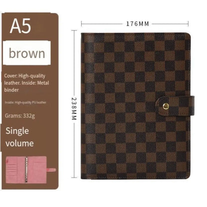 A5 Grid Brown Faux Leather Modern Plaid Study Notebook, Detachable Refillable Inner Pages, Multi-Functional Storage Organizer, Ideal for Work Task Management