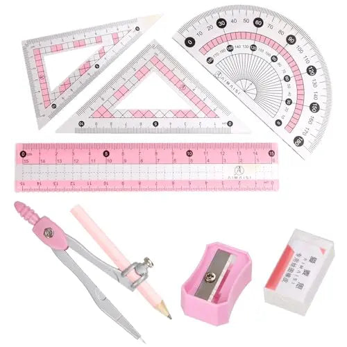 8 Piece Geometry Compass Set with Metal Compass, Rulers, Protractor, Set Squares, Eraser, Sharpener and Metal Storage Box for School & Math
