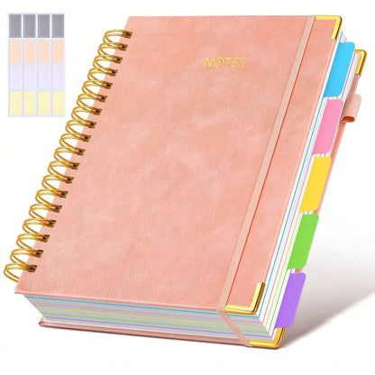Leather Bound Journal - 8"x10" B5 Leather Hardcover Spiral School Notebook, 300 College-Ruled Paper Pages, Removable Divider Tabs, 5-Subject, Expandable Back Pocket, for School Work, Office Accessories