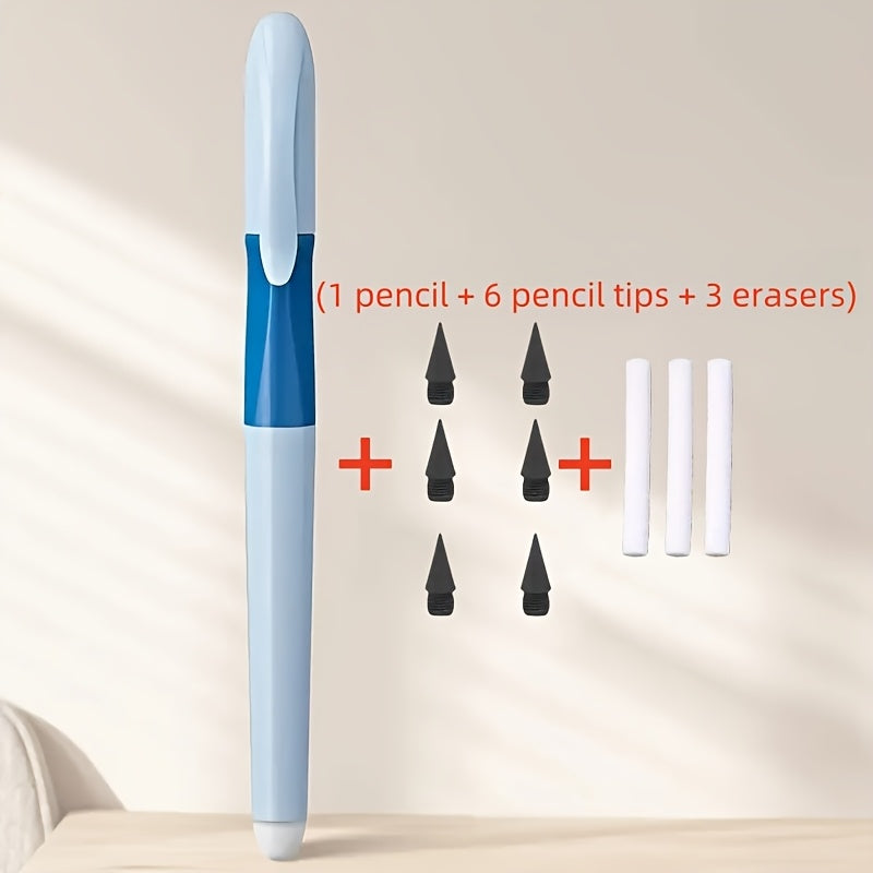 10pcs/Set (1pc Pencil And 6pcs Lead And 3pcs Erasers), Durable Non-Sharpening Pencil, Built-In Eraser - Visually Appealing, Ideal for Drawing And Writing, Back-To-School Supplies