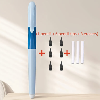 10pcs/Set (1pc Pencil And 6pcs Lead And 3pcs Erasers), Durable Non-Sharpening Pencil, Built-In Eraser - Visually Appealing, Ideal for Drawing And Writing, Back-To-School Supplies