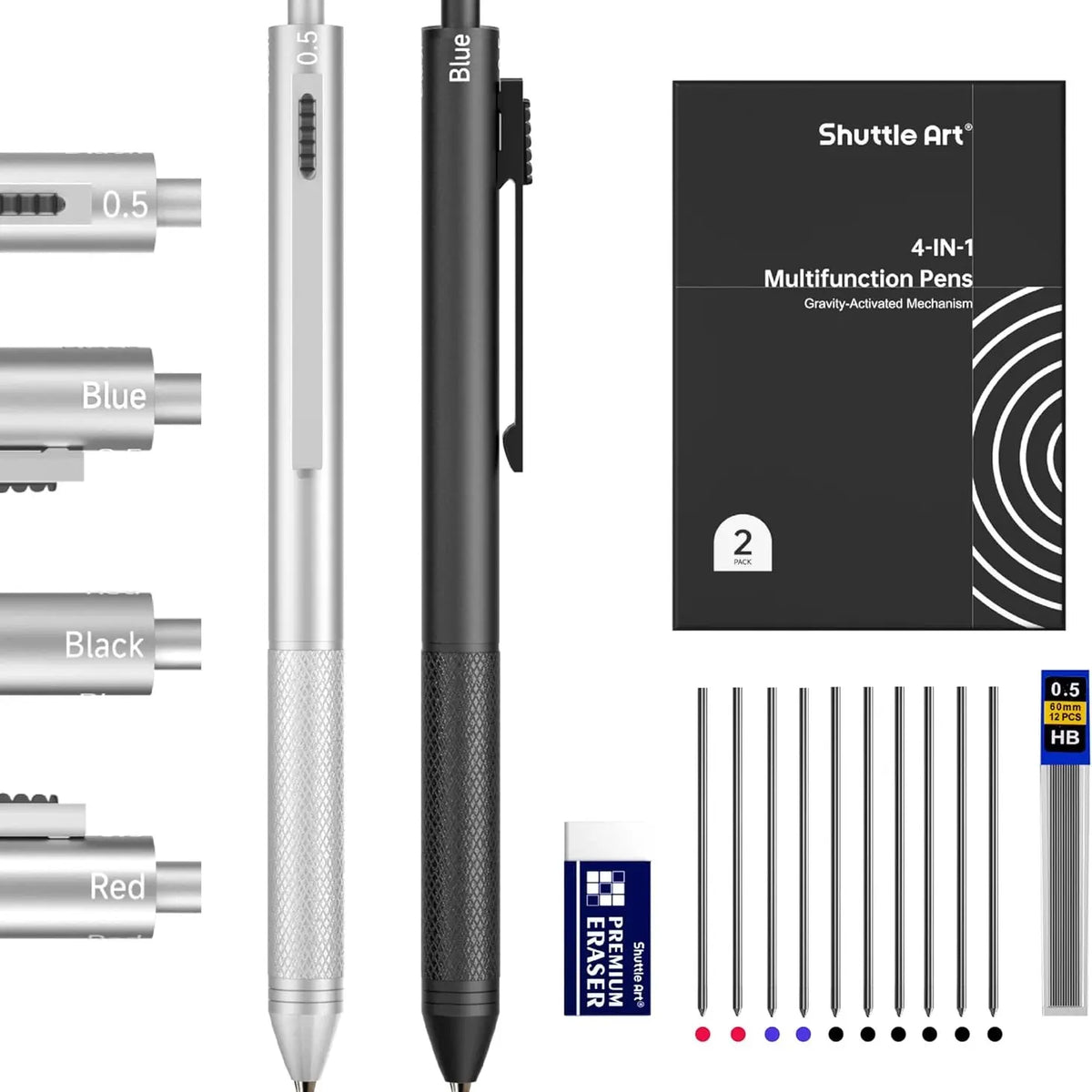 Shuttle Art 4 in 1 Gravity-Activated Multicolor Pen, 2 Pack Retractable Ballpoint Pens with 1.0mm Black Blue Red Ink and 0.5mm Mechanical Pencil, Multifunction Pens Fresh Style Gift Set for Writing School Office Home,back to school,back to school shopping