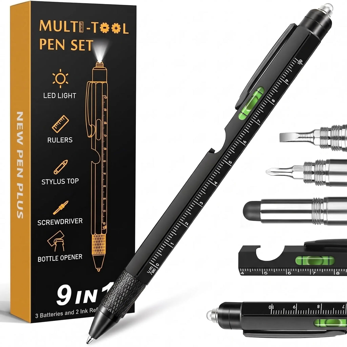 Aluminum 9-in-1 Compact Pen Tools Kit - LED Light, Bottle Opener, Ruler, Stylus Included - for Office, DIY Home Repair - Ideal Birthday Gift for Men - 2 Pack Value Set,sohochic