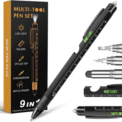 Aluminum 9-in-1 Compact Pen Tools Kit - LED Light, Bottle Opener, Ruler, Stylus Included - for Office, DIY Home Repair - Ideal Birthday Gift for Men - 2 Pack Value Set,sohochic