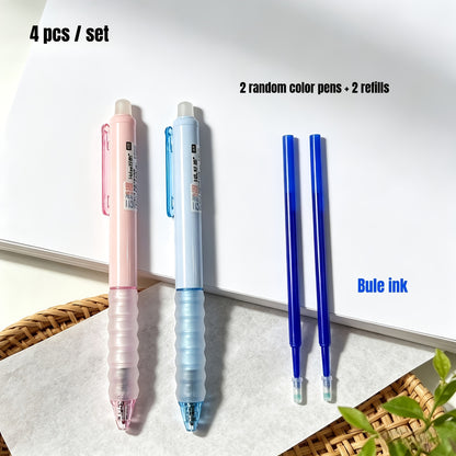 4pcs Set: 2 Pens + 2 Refills in Random Macaron Colors, Cloud-Grip Comfortable Erasable Gel Pens. Retractable Click Mechanism with Blue/Black Ink, Easy to Erase Mistakes, Includes Built-in Eraser. Cloud-Grip Design for Comfortable, Fatigue-Free