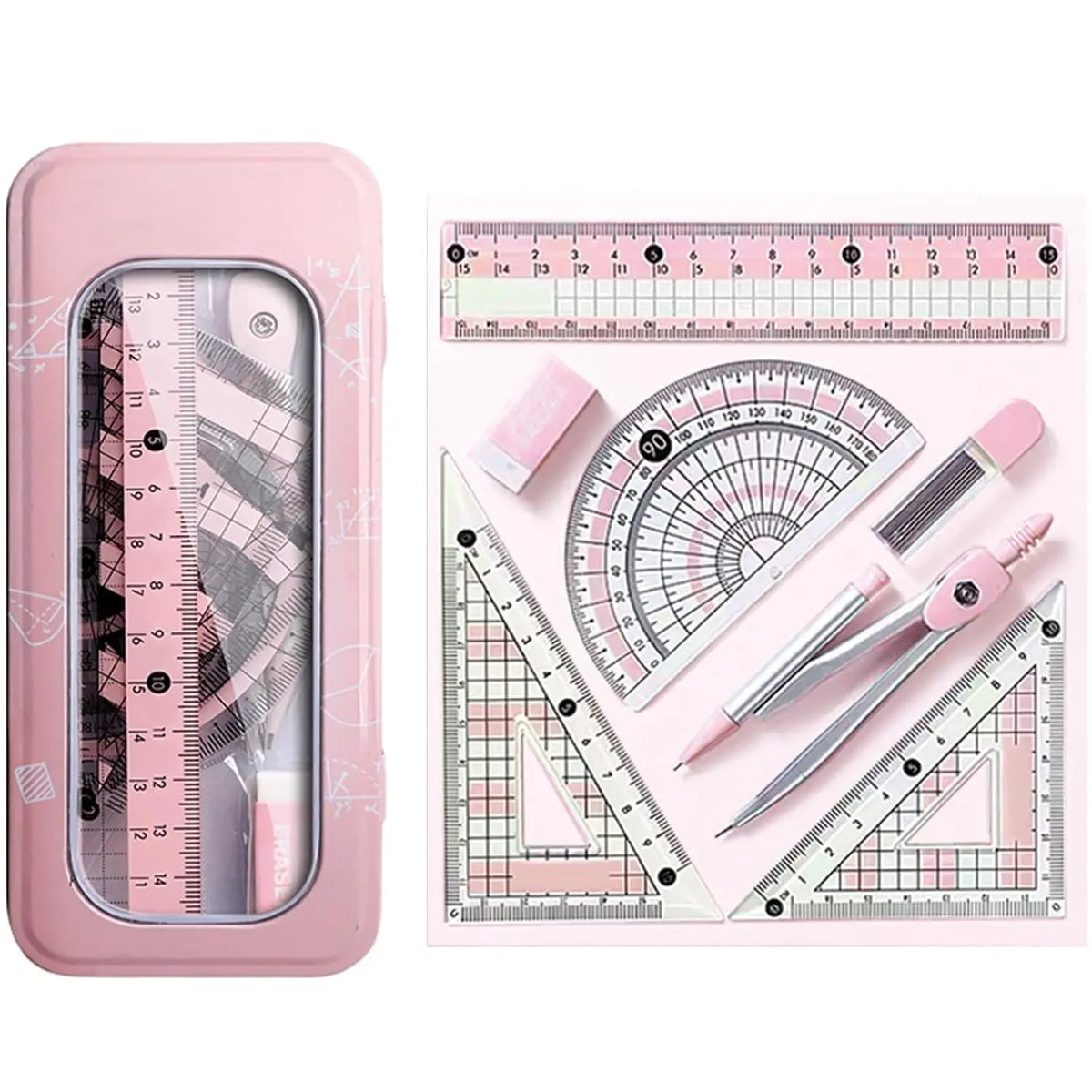 8 Pcs Pink Geometry Set Cute Compass Set with Maths Protractor Rulers, Math Set for Drawing Measuring Tools, Kawaii Ruler Kit for Class Women Girls School Supplies (Pink)