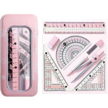 8 Pcs Pink Geometry Set Cute Compass Set with Maths Protractor Rulers, Math Set for Drawing Measuring Tools, Kawaii Ruler Kit for Class Women Girls School Supplies (Pink)