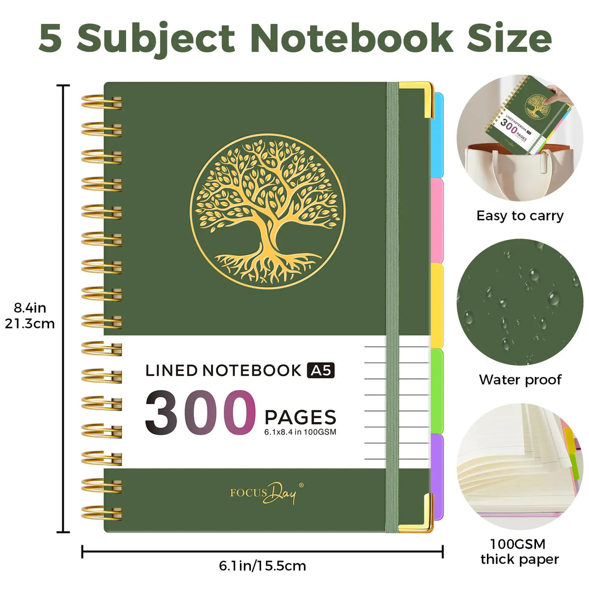 Hardcover Spiral-Bound 5-Subject College Ruled A5 Notebook (6.1in X 8.4in) - 300 Pages Lined Paper, Removable Dividers Tabs, 2 Stickers, Student Stationary College Supplies Aesthetic Notebooks for Back to Class Note Taking,sohochic