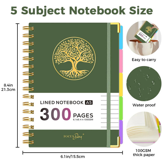 Hardcover Spiral-Bound 5-Subject College Ruled A5 Notebook (6.1in X 8.4in) - 300 Pages Lined Paper, Removable Dividers Tabs, 2 Stickers, Student Stationary College Supplies Aesthetic Notebooks for Back to Class Note Taking,sohochic