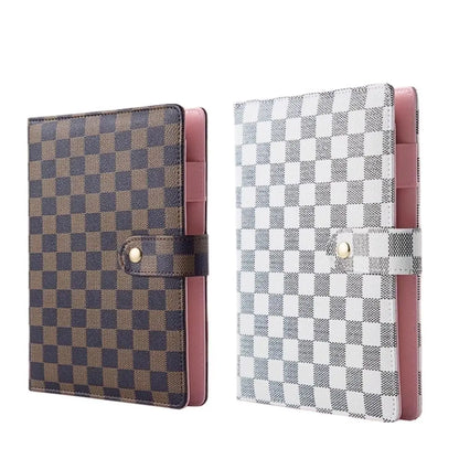 A5 Grid Brown Faux Leather Modern Plaid Study Notebook, Detachable Refillable Inner Pages, Multi-Functional Storage Organizer, Ideal for Work Task Management