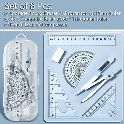 7pcs Compass Ruler Set for Elementary and Middle School Students, Exam Essential Tools, Includes Protractor Straightedge Triangle Board