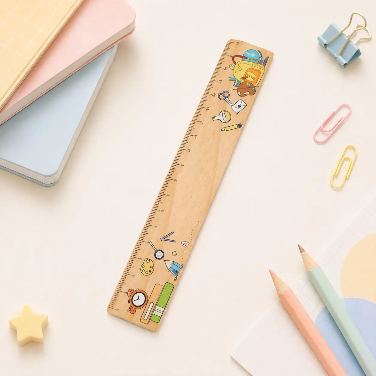 18cm Wooden Ruler with Colorful Printed Designs, Straight Measuring Tool, Measuring Instrument with Butterfly and School Supply Patterns, Portable Metric Ruler for Students, Classroom, Office, Drawing, Study, Back to School and Stationery Gifts